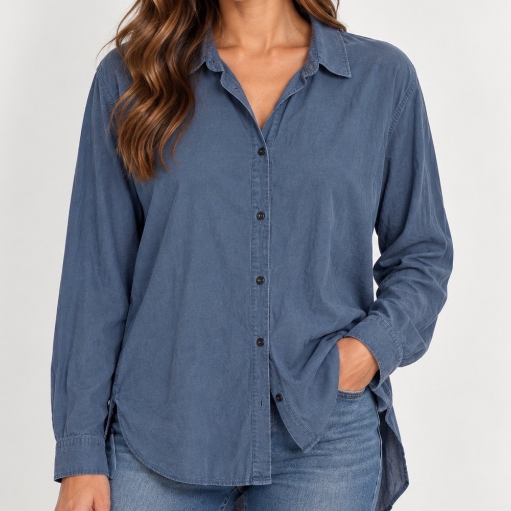 Gap Women's Large Blue Silk Blend Button Down Shirt Oversized Tunic Coastal